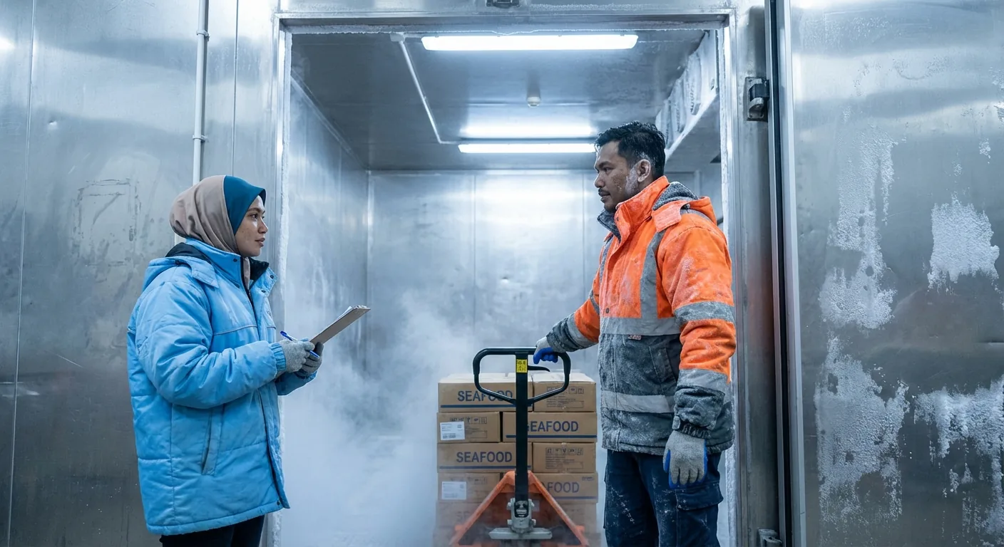 Pekerja mengurus stok makanan di dalam cold room bersuhu terkawal